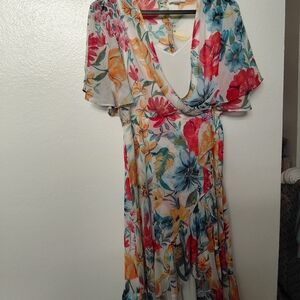 Calvin Klein Floral Wrap Maxi Dress in Red, Blue, Yellow, Green